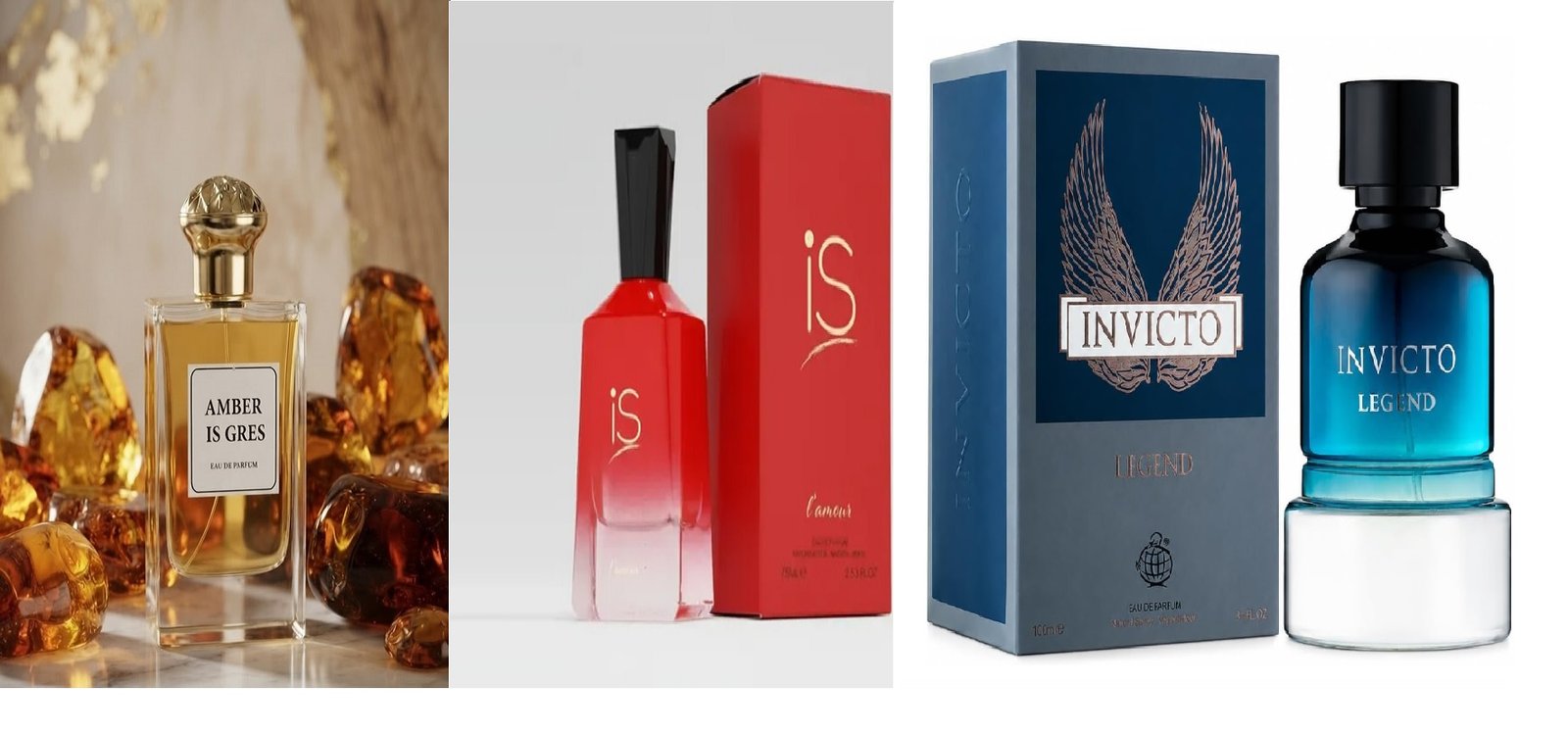 Amber Is Gres Edp 60ML Is L'amour Edp 75ML Invicto Legend Edp 100ML By Fragrance Wolrd 3 Peace 1 Set 1for Ladis 1for Unisex 1for Man