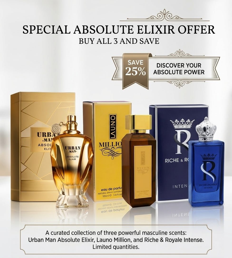 URBAN MAN ABSOLUTE ELIXIR EDP 90ML & LA UNO MILLION EDP 100ML & RICHE ROYAL INTENSE EDP 100ML FULL SET 3 PEACE